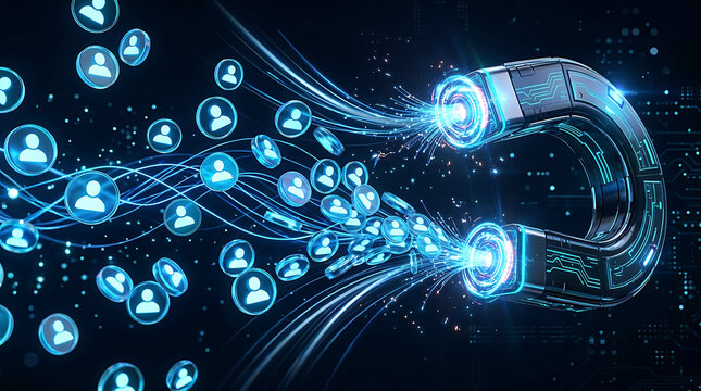 Digital technology concept showing a futuristic magnet attracting user icons