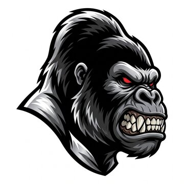 Fierce snarling silverback gorilla head mascot logo, powerful primate ape esports gaming emblem vector illustration on white background