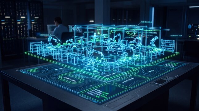 Futuristic Digital Twin Smart Factory Hologram in Control Room