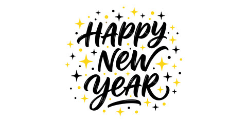 Modern hand drawn brush lettering happy new year with golden sparkles and star accents on transparent background file. © Akash