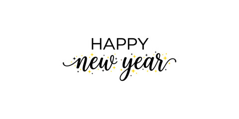 Happy new year text typography with gold sparkles for festive holiday greeting cards and digital party invitations. © Akash