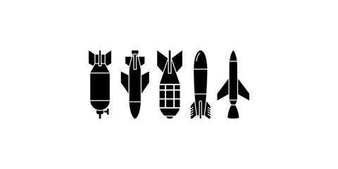 Fototapeta premium Black military bomb and missile silhouettes showing weapon variety for historical document or defense illustration.