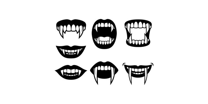 Vampire mouth icons set showcasing sharp fangs and aggressive expressions in black silhouette on transparent board.