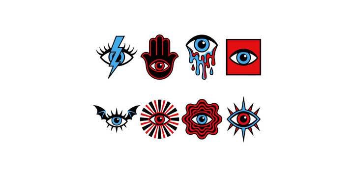 Mystical eye symbols featuring colorful graphic illustrations for spiritual art occult fashion and esoteric branding.