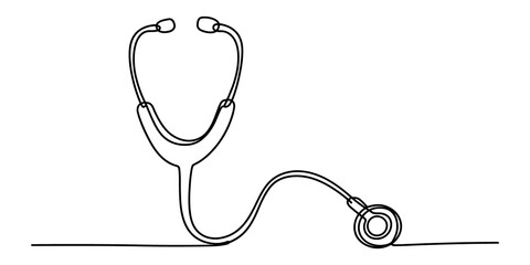 Stethoscope medical tool drawn with one continuous black line © MituRani