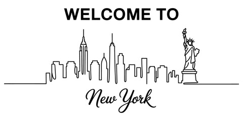 Welcome to new york city skyline line art illustration with statue © MituRani
