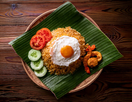 top view of authentic indonesian nasi goreng with sunny side up egg, sliced cucumber and tomato, on rustic wooden table, banana leaf as plate. Indonesian fried rice, authentic asian food