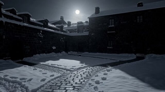 Ushguli winter village under full moon light at night