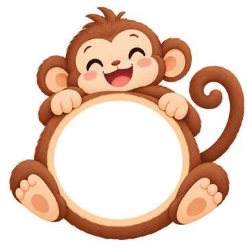 Cute smiling monkey photo frame hand drawn illustration on white background