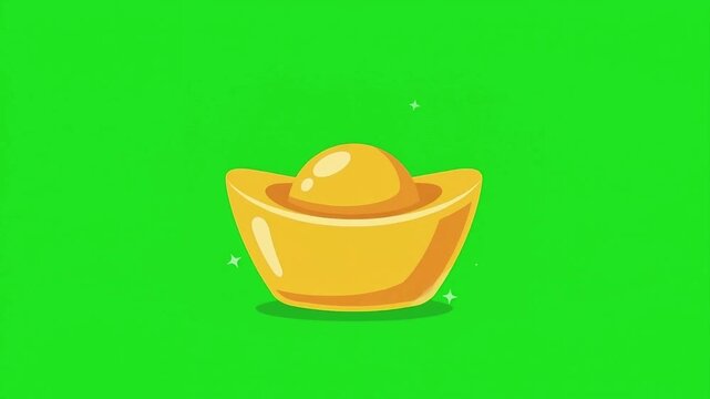 Animated Golden Sycee Ingot with Sparkle Effect on Green Screen, Symbol of Wealth and Prosperity for Chinese New Year