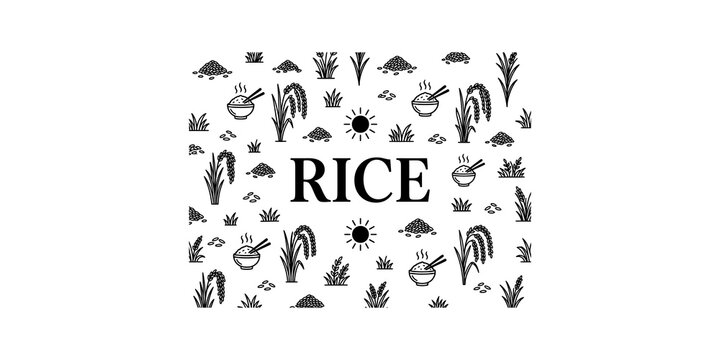 Rice agriculture concept with bowls stalks and grains displayed as pattern on gray checkered background for food menus.