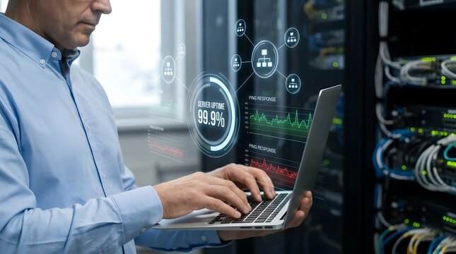 IT professional monitoring server uptime and network status on laptop in data center with digital HUD interface
