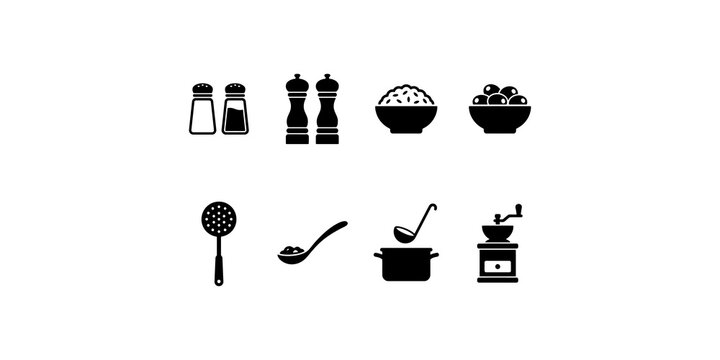 Black kitchen utensils and condiment icons set on transparent background for culinary website or restaurant menu.