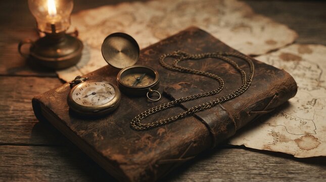 Vintage brass pocket watch and antique compass on an aged leather travel journal, with draped chain, faded maps and warm explorer-inspired sepia atmosphere.