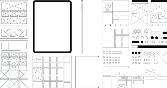 Tablet wireframe kit with website layout templates UI UX design elements flowchart diagrams and icons isolated on white background