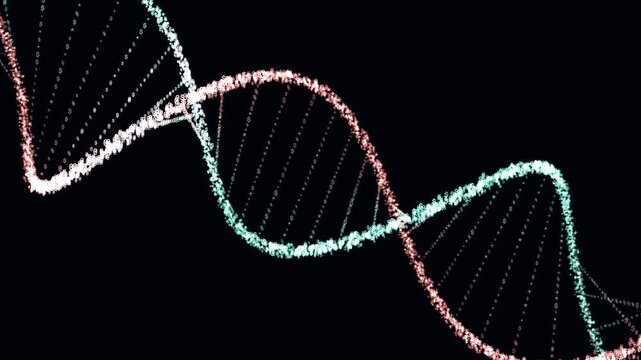 Seamless looping animation of a giant double helix made of ASCII characters, coral and mint strands with glowing rungs, rotating diagonally across and beyond the frame.