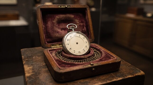 Rare vintage pocket watch preserved in an antique wooden box, silver case, coiled brass chain, cream enamel dial and aged burgundy lining.