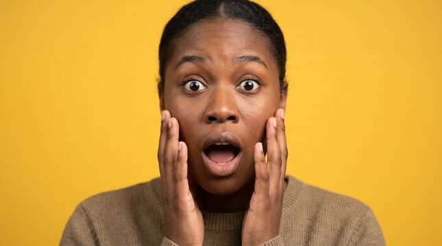 Surprised Black woman with hands on cheeks against yellow background