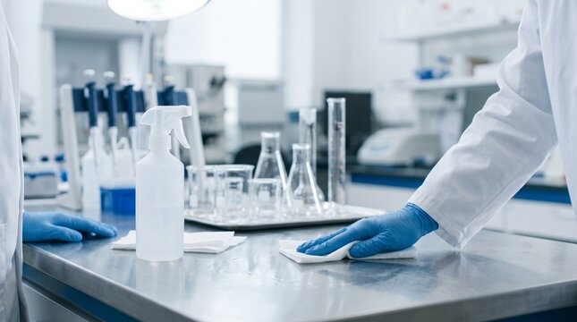 Laboratory technician wearing blue gloves cleaning stainless steel workbench with disinfecting spray, science laboratory interior background, medical research setting