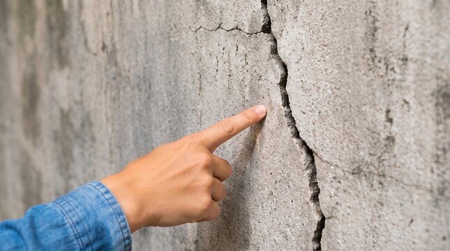 Woman pointing finger at large crack on concrete wall, showing structural damage and home inspection issue