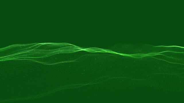 Abstract green digital wave landscape with flowing particle mesh and glowing light effects for modern technology background
