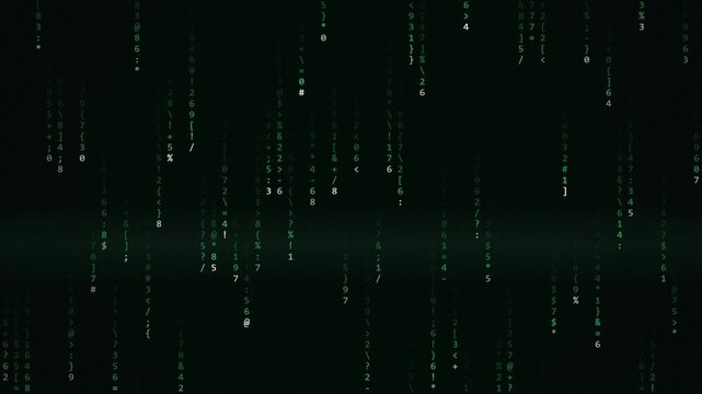 Digital matrix binary code streaming on dark background, green cyber data rain animation, abstract technology computer network loop