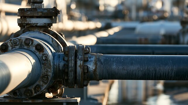 Industrial pipeline system with valves and metal flanges at a chemical plant.