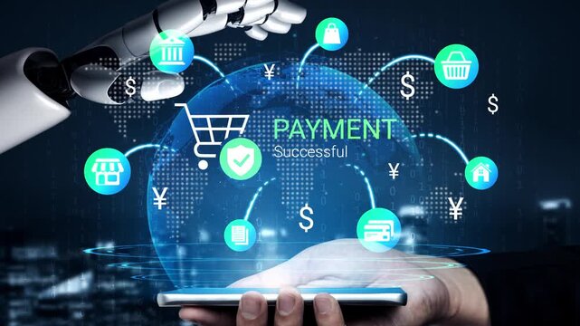 Futuristic Robot Hand Making Digital Payment with Success Notification Overlaid on a Global Network Background of Shopping and Finance Symbols Gluon.
