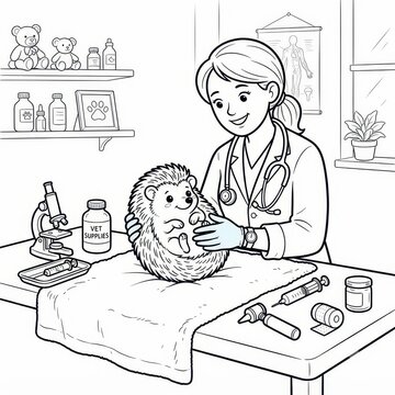 Veterinarian examining a cute hedgehog in clinic coloring page