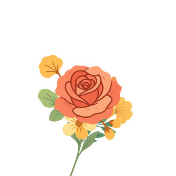 Single orange rose flower bouquet with small yellow blossoms and green leaves vector illustration   