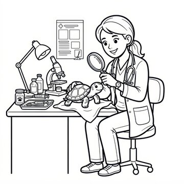 Veterinarian examining a turtle coloring page