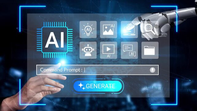 Conceptual representation of artificial intelligence interaction with interface, showing hands, digital elements, and futuristic technology elements in a creative setting Gluon.