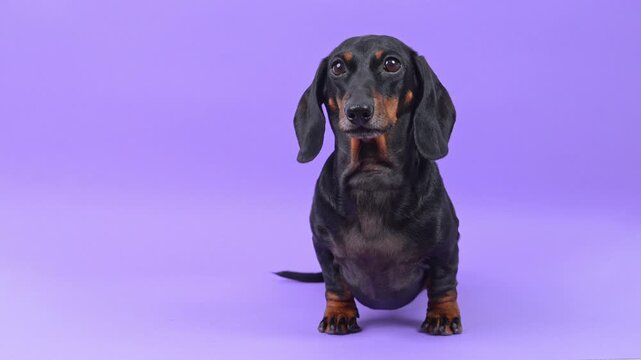 A black and tan dachshund dog sits on a lilac studio backdrop, first facing forward with floppy ears, then turning its head to look up and aside, with plenty of copy space for text.