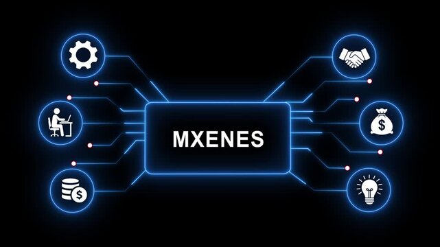 Advanced m xenes science infographic animation featuring glowing digital network connections, industrial financial growth symbols, and futuristic technological data flow visualization