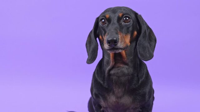 A black and tan dachshund dog moves its jaw while enjoying a snack against a bright lilac studio backdrop, an idea for pet food marketing and dental chew promotion.