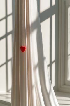Red heart ornament hanging on a light-colored curtain with window