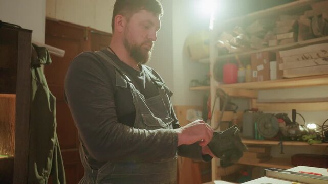 Craftsman prepares to begin his joinery project. Man dons protective gear in workshop filled with hand tools lumber and woodworking equipment joiner carpenter