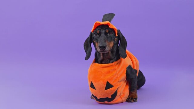 A black and tan dachshund dog wearing a plush jack o lantern outfit with a tiny stalk cap sits on a purple studio surface, an autumn treat promotion idea with room for text.