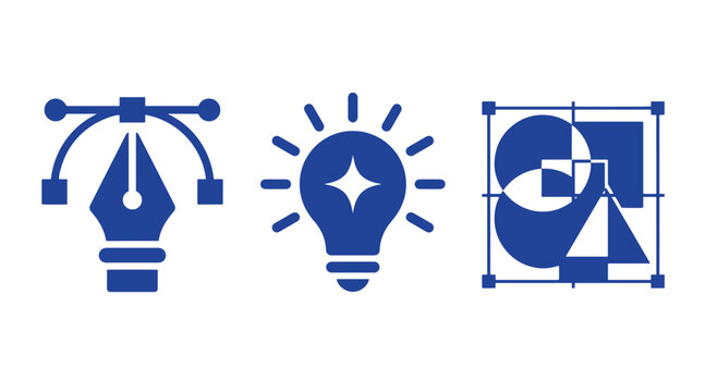 Creative design process icon set including pen tool lightbulb idea and geometric shape selection with creativity lightbulb geometry software innovation illustration interface