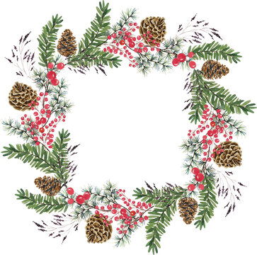 Christmas floral square frame with pine branches, pinecones, and red berries isolated on white background
