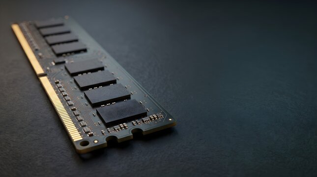 Close-up of a high-performance computer memory module with multiple memory chips mounted on a sleek circuit board, representing RAM technology, data storage, and modern computing hardware.