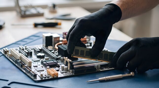 Close-up of a technician using precision tools to repair a computer motherboard, illustrating electronic maintenance, semiconductor repair, and professional technology servicing