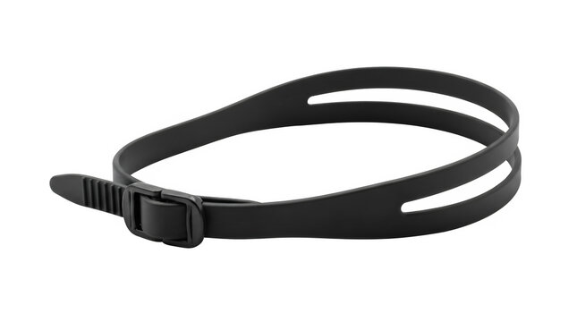 Black adjustable rubber strap with plastic buckle, flexible silicone cable tie for gear organization, durable utility fastener on white background