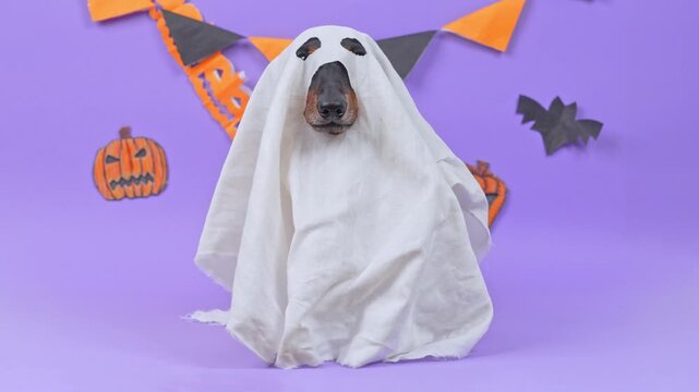 A black and tan dachshund dog wears a simple white sheet ghost costume with cut out holes and sits calmly among paper pumpkins and bats, an easy last minute pet costume idea.