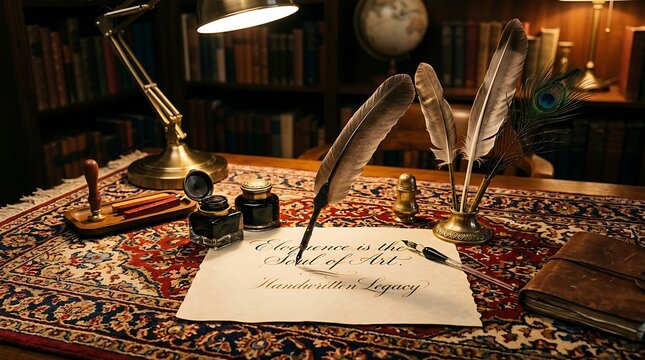 Vintage Quill Pen and Inkwell on a Desk with Parchment, Evoking a Sense of Classic Writing and Study