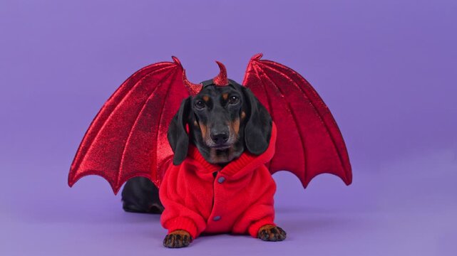 A black and tan dachshund dog lies in a red fleece outfit with glittery bat wings and little horns against a purple studio background, a playful mischief and temptation idea.