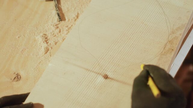 Close up view of gloved hand using yellow pencil to trace curved lines on smooth wooden board with sawdust and measuring tape visible in workshop setting
