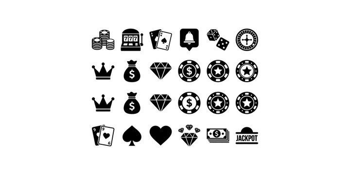 Casino game icon collection featuring slot machine chips playing cards and jackpot symbols for gambling platform web.