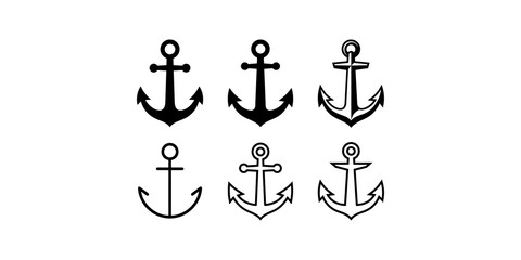 Collection of nautical anchor icons in black and white line art styles for marine branding and graphic design projects. © Akash