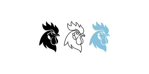 Three stylized rooster head icons presented in black line art and blue colors for agricultural or poultry branding. © Akash